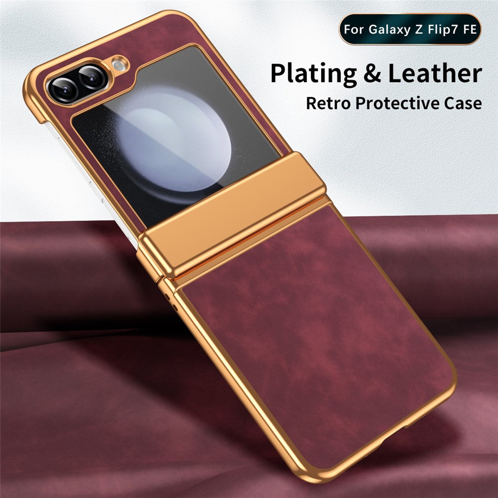 For Samsung Galaxy Z Flip7 FE 5G / Z Flip6 5G Case Hinge Protection Leather Coated PC Folding Phone Cover - Wine Red