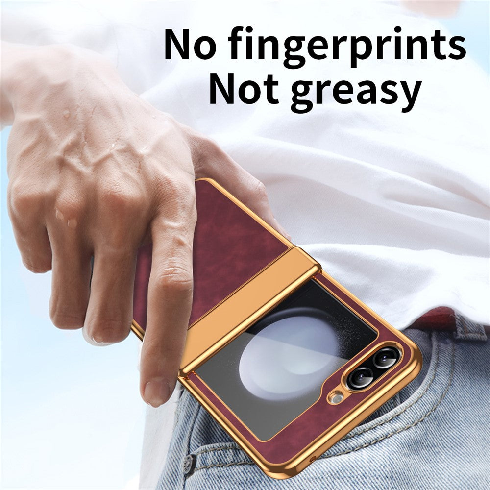 For Samsung Galaxy Z Flip7 FE 5G / Z Flip6 5G Case Hinge Protection Leather Coated PC Folding Phone Cover - Wine Red