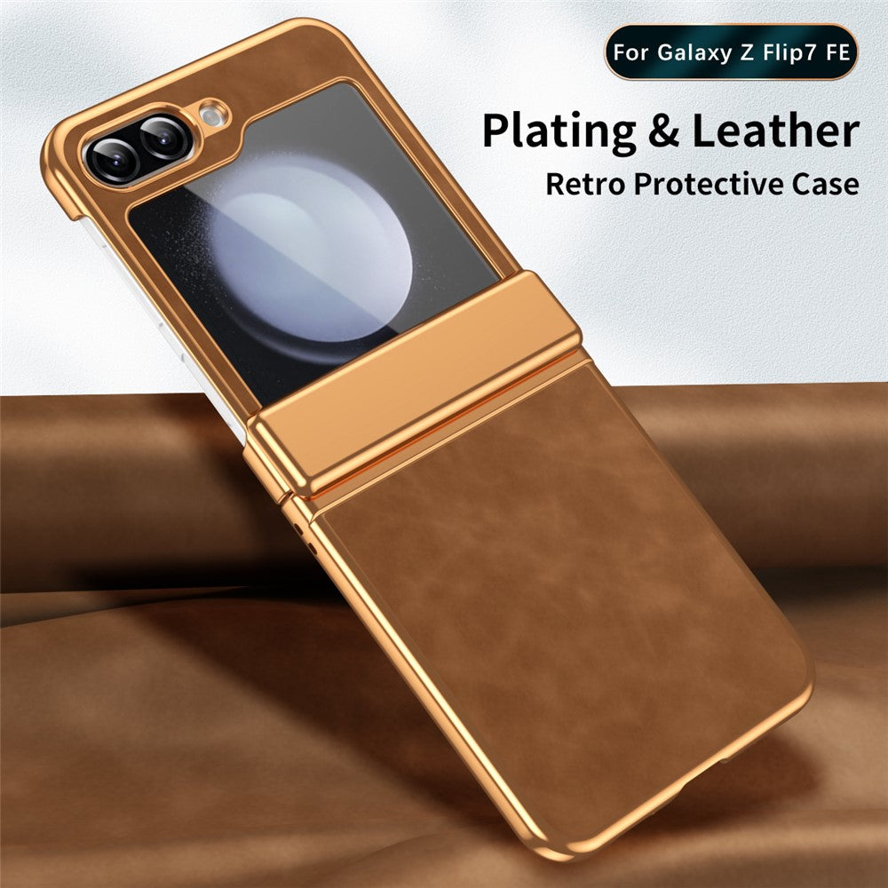 For Samsung Galaxy Z Flip7 FE 5G / Z Flip6 5G Case Hinge Protection Leather Coated PC Folding Phone Cover - Brown