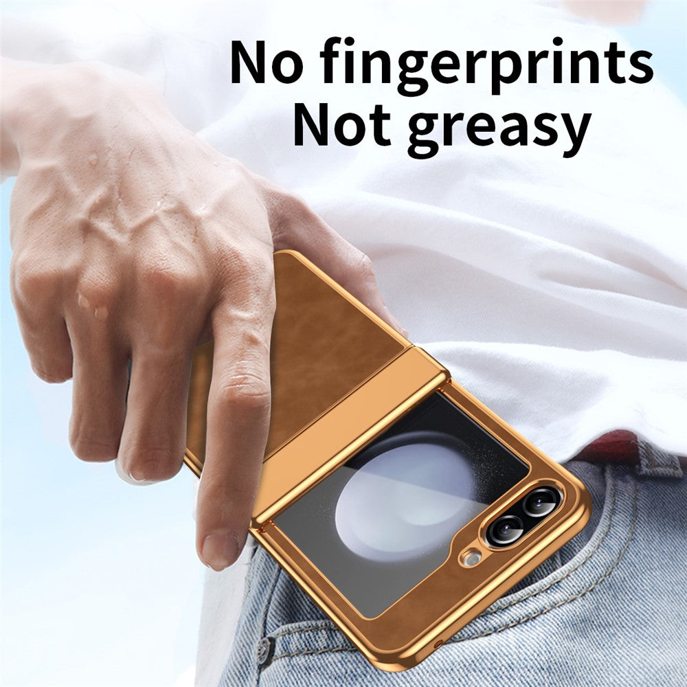 For Samsung Galaxy Z Flip7 FE 5G / Z Flip6 5G Case Hinge Protection Leather Coated PC Folding Phone Cover - Brown