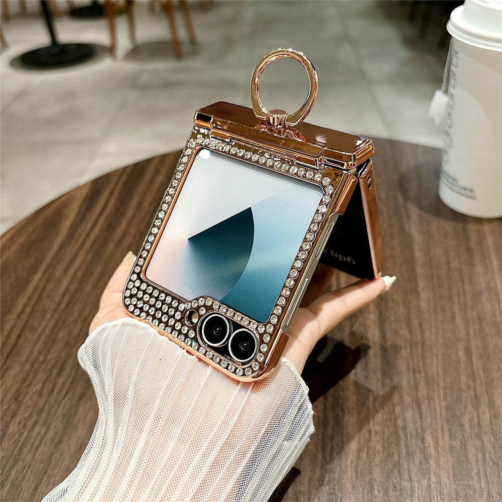 For Samsung Galaxy Z Flip7 FE 5G / Z Flip6 5G Case Leopard Pattern Ring Holder Rhinestone Hard PC Phone Cover - Gold