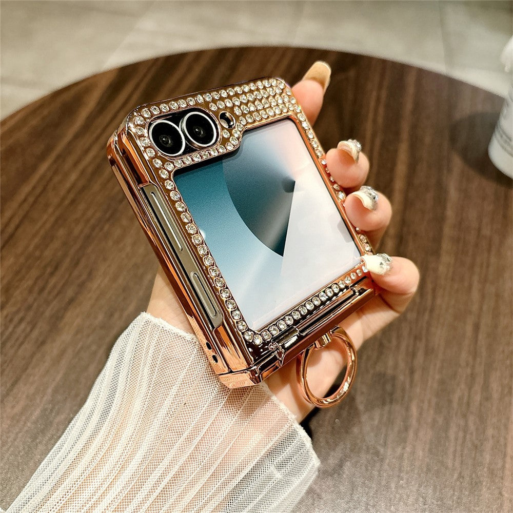 For Samsung Galaxy Z Flip7 FE 5G / Z Flip6 5G Case Leopard Pattern Ring Holder Rhinestone Hard PC Phone Cover - Gold