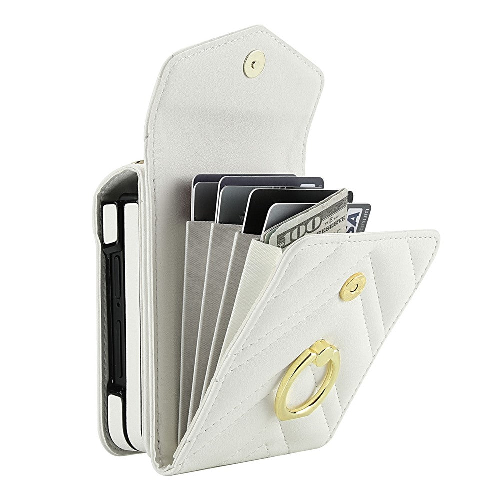 For Samsung Galaxy Z Flip7 5G Case RFID Blocking PU Leather + TPU Phone Cover with Shoulder Strap - White