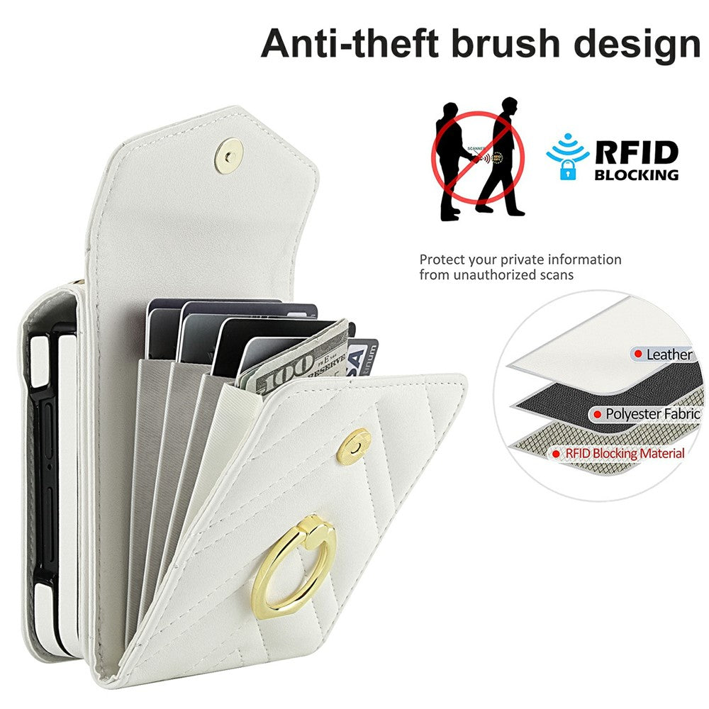 For Samsung Galaxy Z Flip7 5G Case RFID Blocking PU Leather + TPU Phone Cover with Shoulder Strap - White