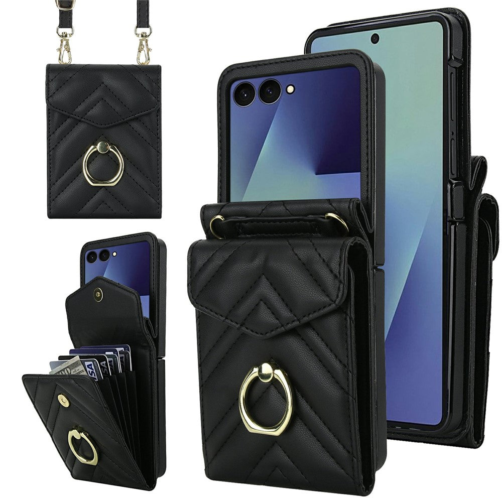For Samsung Galaxy Z Flip7 5G Case RFID Blocking PU Leather + TPU Phone Cover with Shoulder Strap - Black