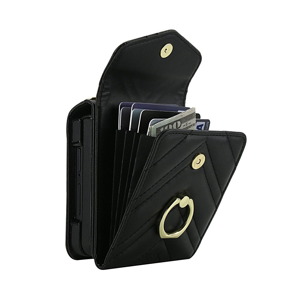 For Samsung Galaxy Z Flip7 5G Case RFID Blocking PU Leather + TPU Phone Cover with Shoulder Strap - Black