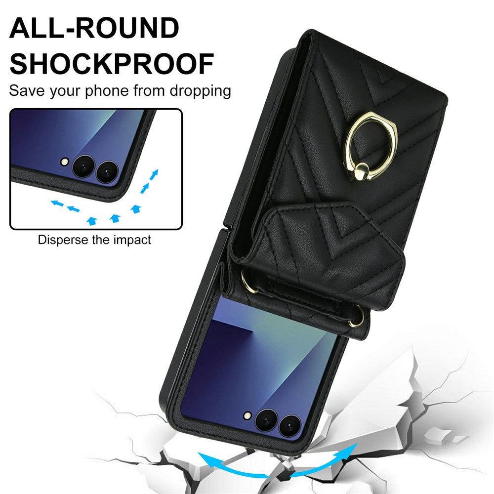 For Samsung Galaxy Z Flip7 5G Case RFID Blocking PU Leather + TPU Phone Cover with Shoulder Strap - Black