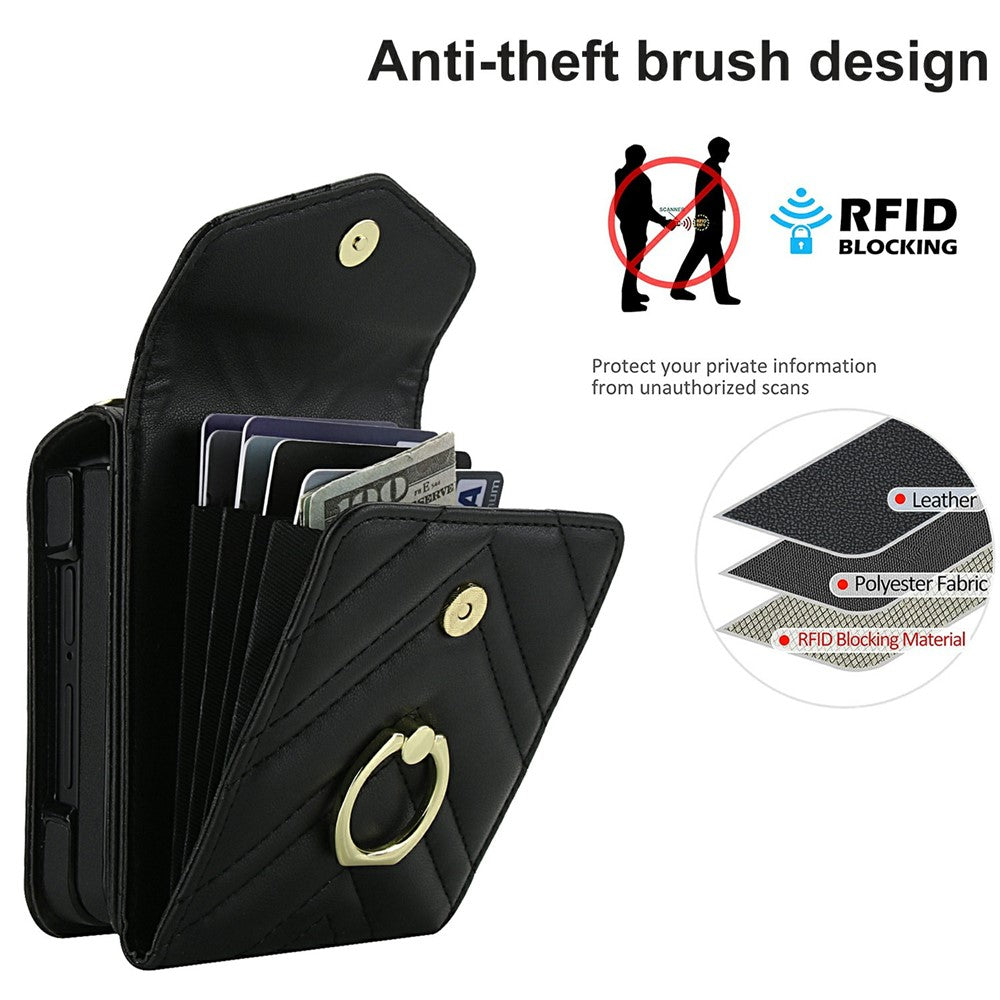 For Samsung Galaxy Z Flip7 5G Case RFID Blocking PU Leather + TPU Phone Cover with Shoulder Strap - Black