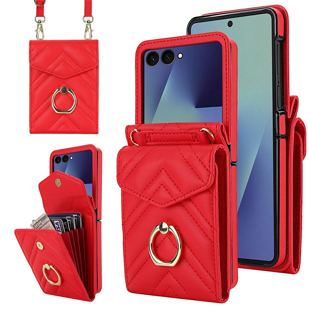 For Samsung Galaxy Z Flip7 5G Case RFID Blocking PU Leather + TPU Phone Cover with Shoulder Strap - Red