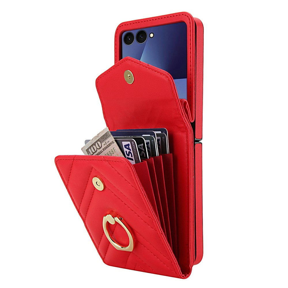 For Samsung Galaxy Z Flip7 5G Case RFID Blocking PU Leather + TPU Phone Cover with Shoulder Strap - Red