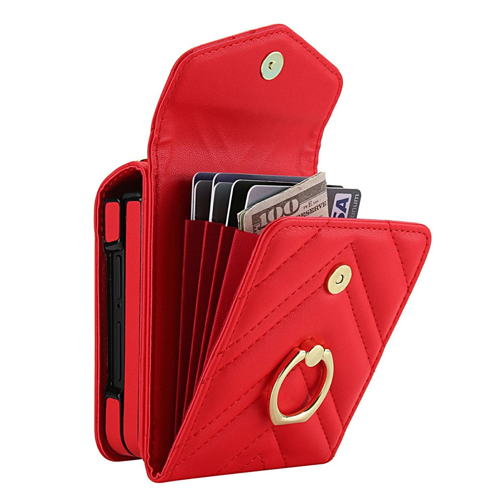 For Samsung Galaxy Z Flip7 5G Case RFID Blocking PU Leather + TPU Phone Cover with Shoulder Strap - Red
