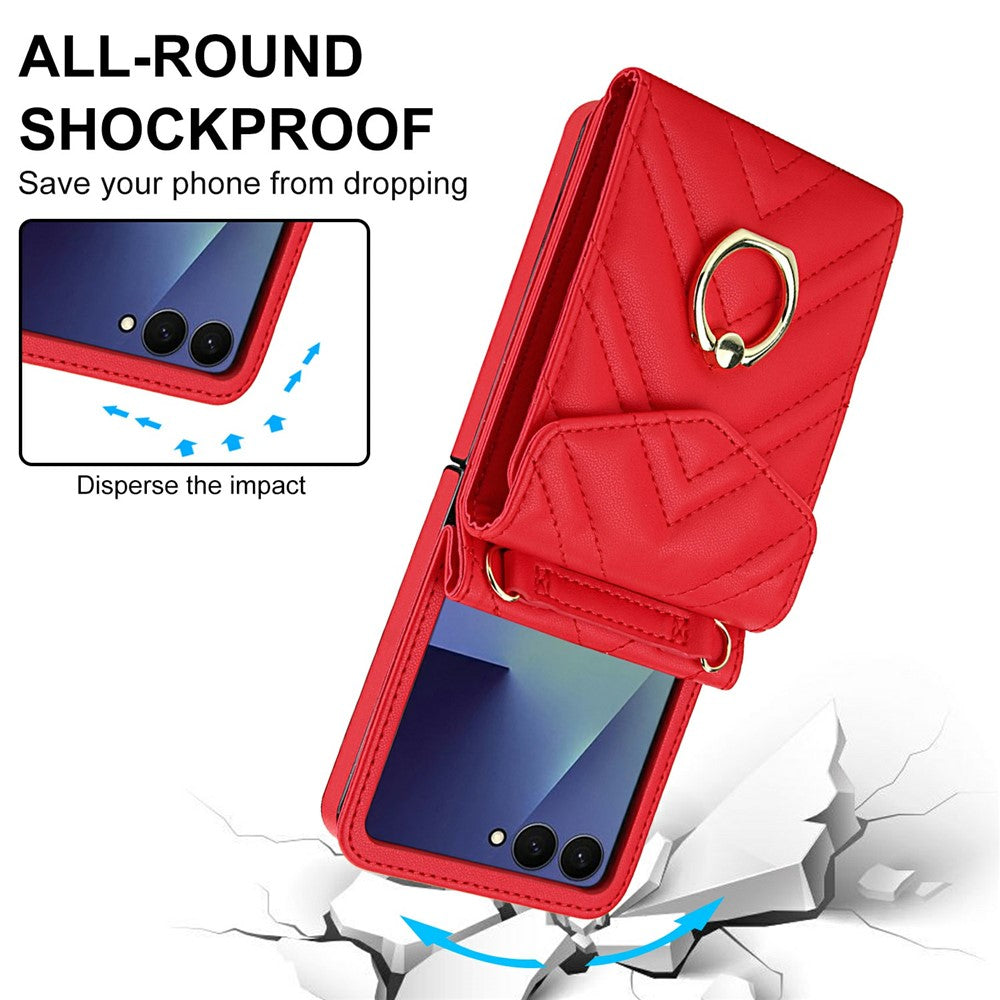 For Samsung Galaxy Z Flip7 5G Case RFID Blocking PU Leather + TPU Phone Cover with Shoulder Strap - Red