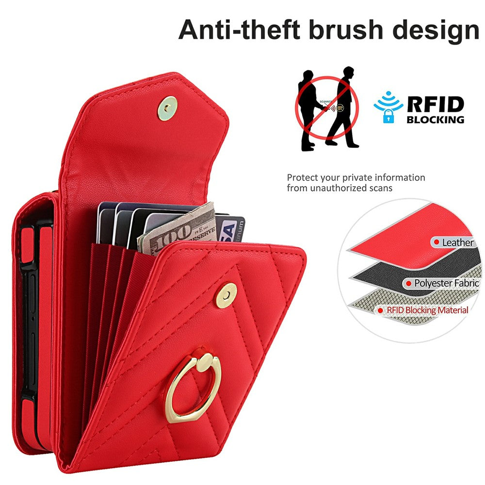 For Samsung Galaxy Z Flip7 5G Case RFID Blocking PU Leather + TPU Phone Cover with Shoulder Strap - Red