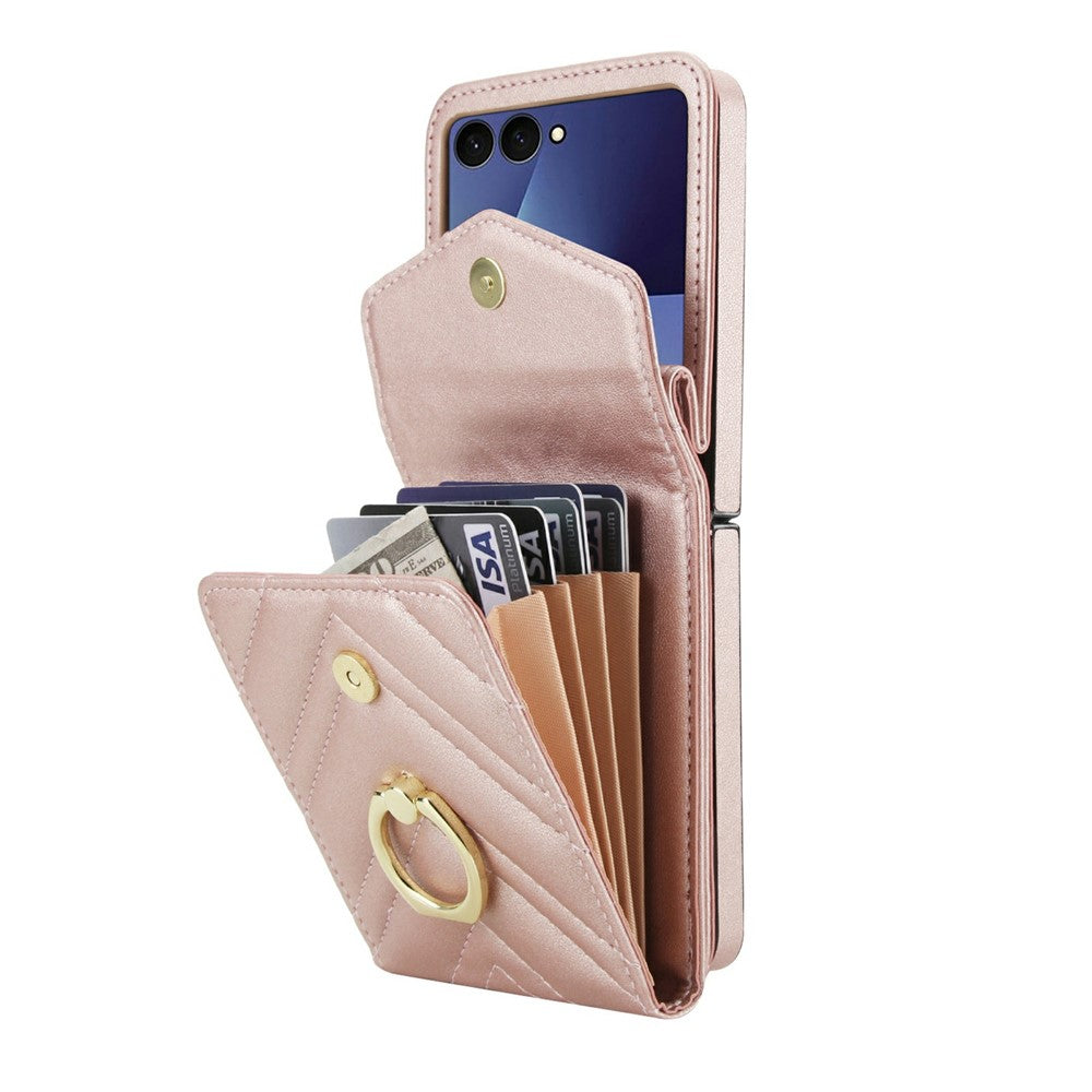 For Samsung Galaxy Z Flip7 5G Case RFID Blocking PU Leather + TPU Phone Cover with Shoulder Strap - Rose Gold