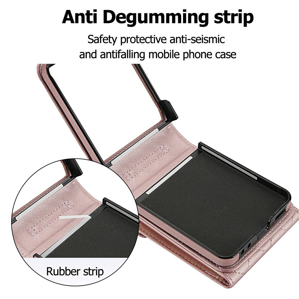 For Samsung Galaxy Z Flip7 5G Case RFID Blocking PU Leather + TPU Phone Cover with Shoulder Strap - Rose Gold