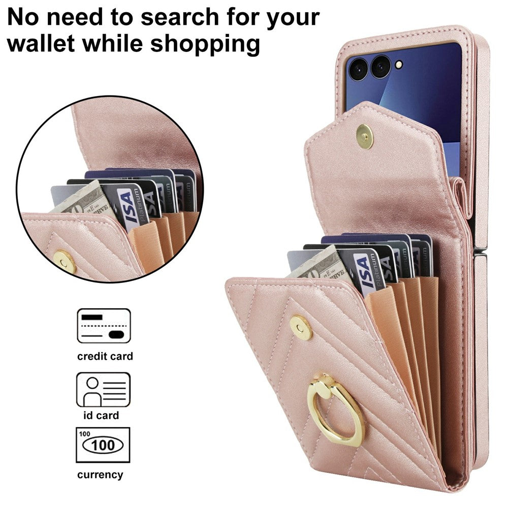 For Samsung Galaxy Z Flip7 5G Case RFID Blocking PU Leather + TPU Phone Cover with Shoulder Strap - Rose Gold