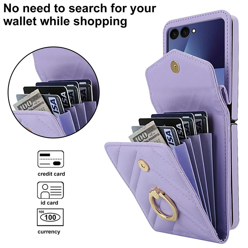 For Samsung Galaxy Z Flip7 5G Case RFID Blocking PU Leather + TPU Phone Cover with Shoulder Strap - Light Purple