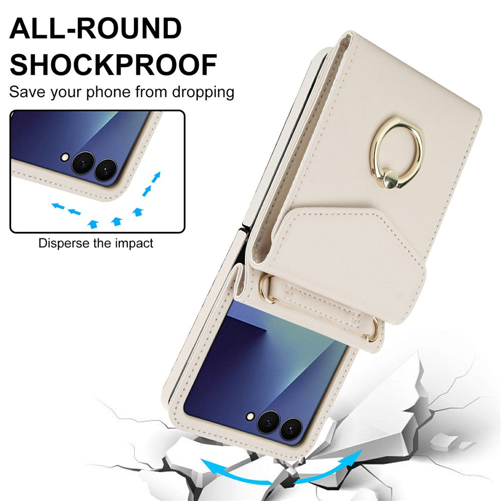For Samsung Galaxy Z Flip7 5G Case Litchi Texture PU Leather + TPU Phone Cover with Shoulder Strap - White