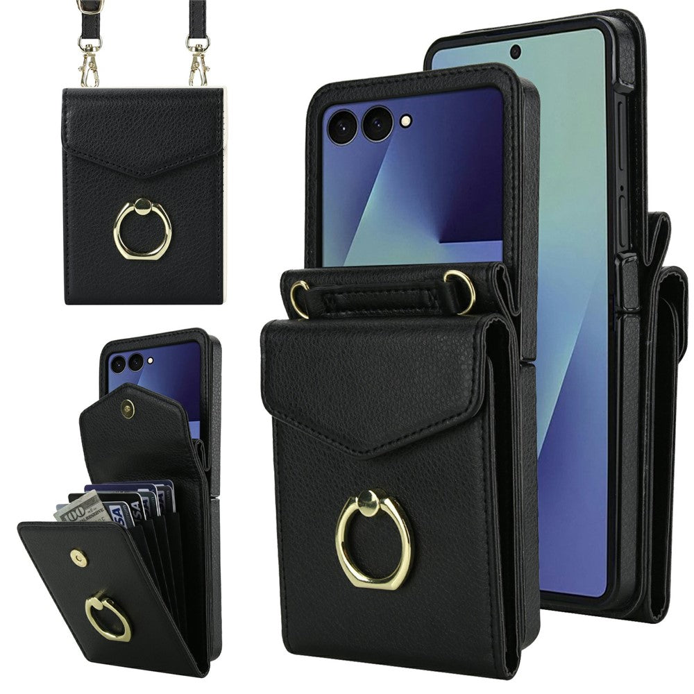 For Samsung Galaxy Z Flip7 5G Case Litchi Texture PU Leather + TPU Phone Cover with Shoulder Strap - Black