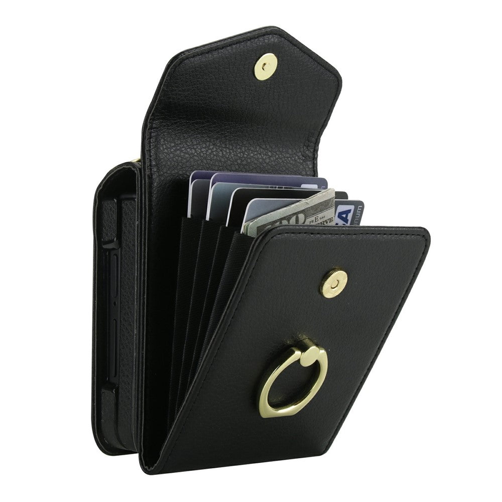For Samsung Galaxy Z Flip7 5G Case Litchi Texture PU Leather + TPU Phone Cover with Shoulder Strap - Black