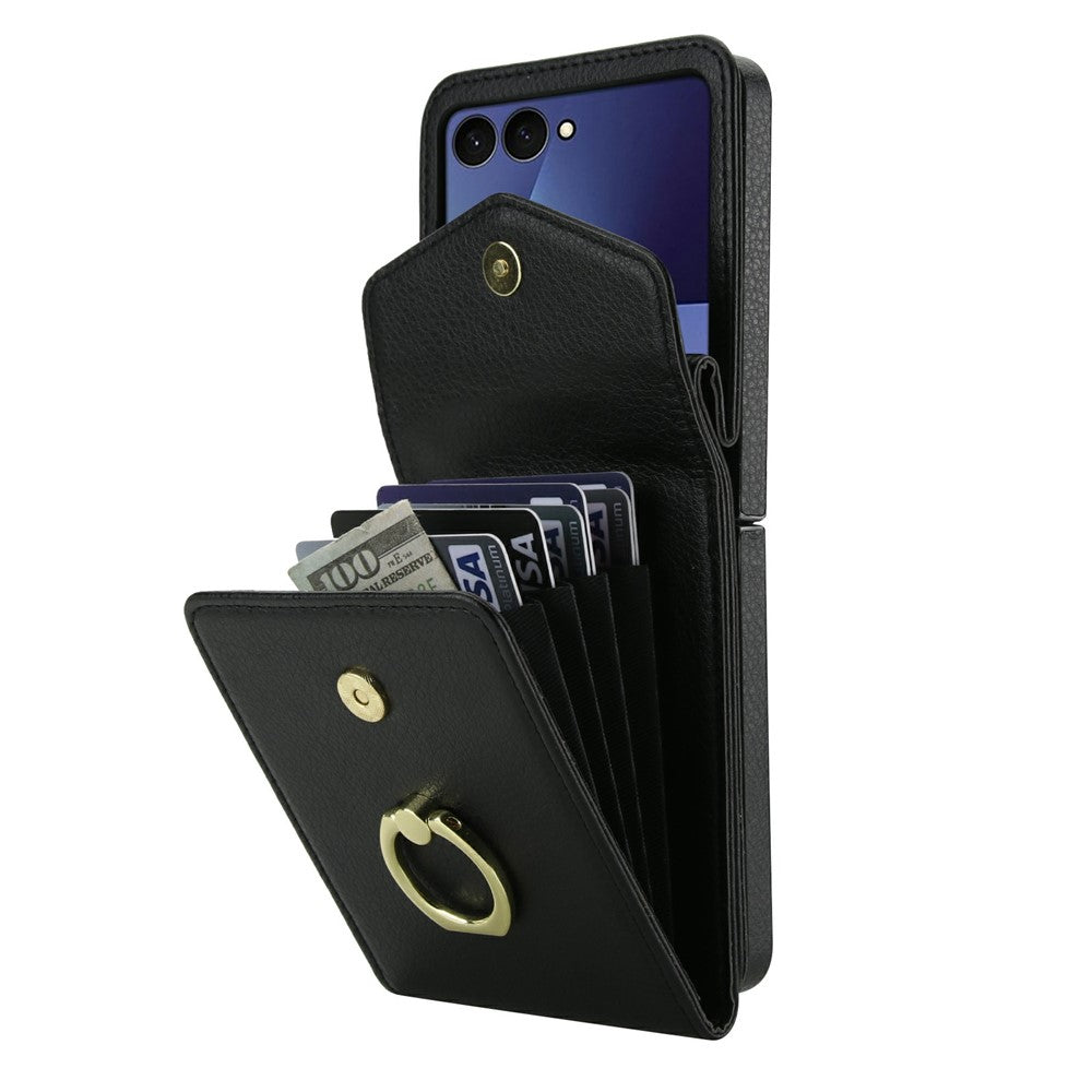 For Samsung Galaxy Z Flip7 5G Case Litchi Texture PU Leather + TPU Phone Cover with Shoulder Strap - Black