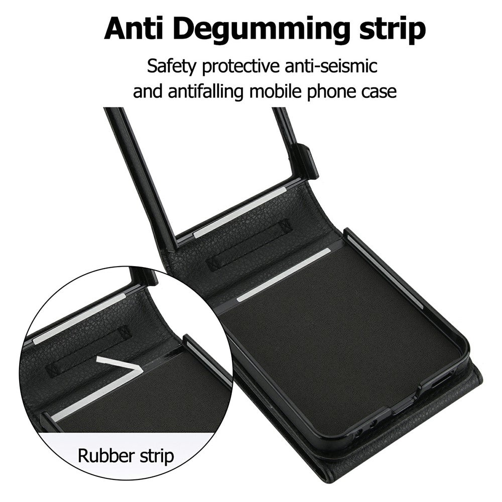 For Samsung Galaxy Z Flip7 5G Case Litchi Texture PU Leather + TPU Phone Cover with Shoulder Strap - Black
