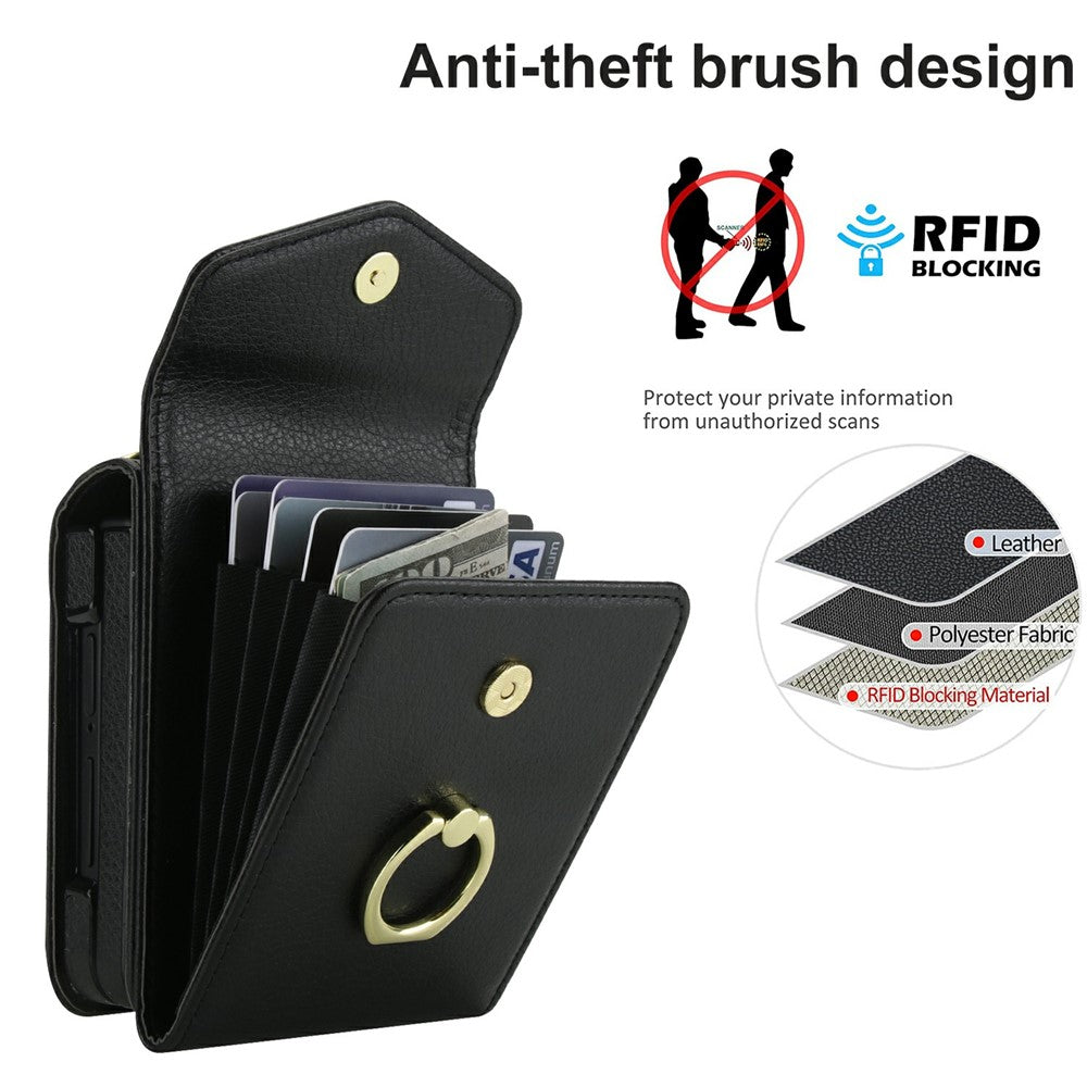 For Samsung Galaxy Z Flip7 5G Case Litchi Texture PU Leather + TPU Phone Cover with Shoulder Strap - Black