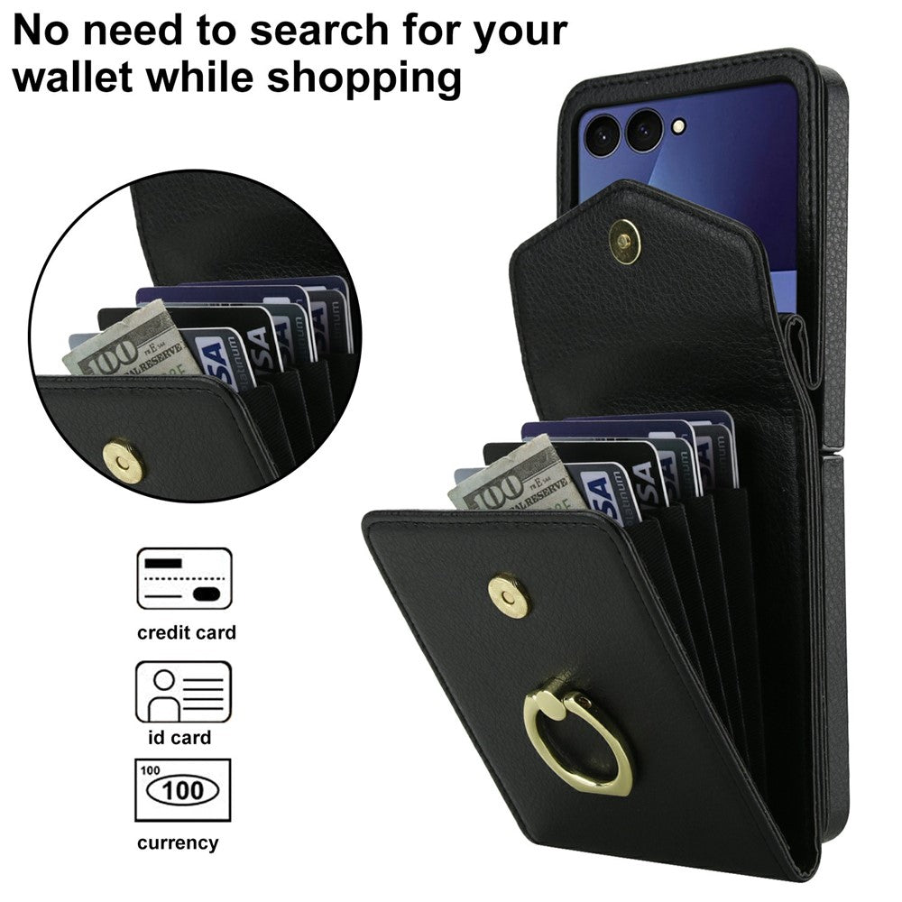 For Samsung Galaxy Z Flip7 5G Case Litchi Texture PU Leather + TPU Phone Cover with Shoulder Strap - Black