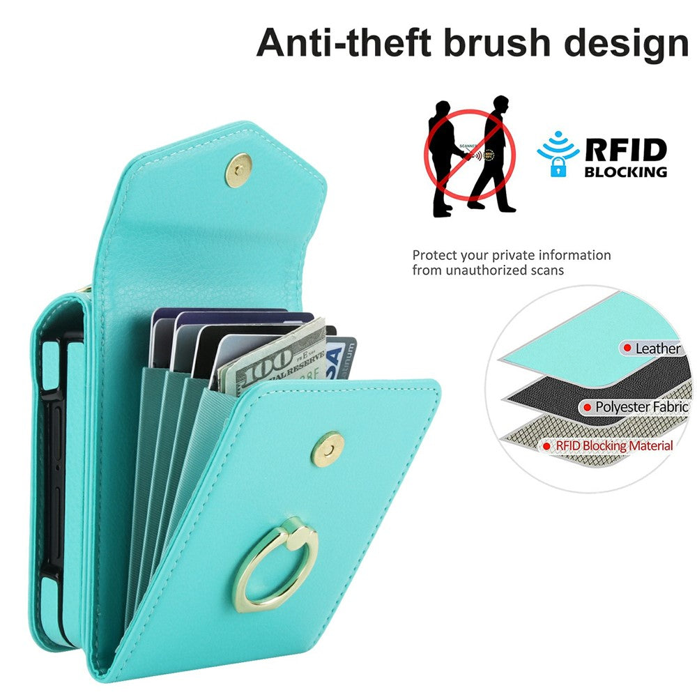 For Samsung Galaxy Z Flip7 5G Case Litchi Texture PU Leather + TPU Phone Cover with Shoulder Strap - Mint Green