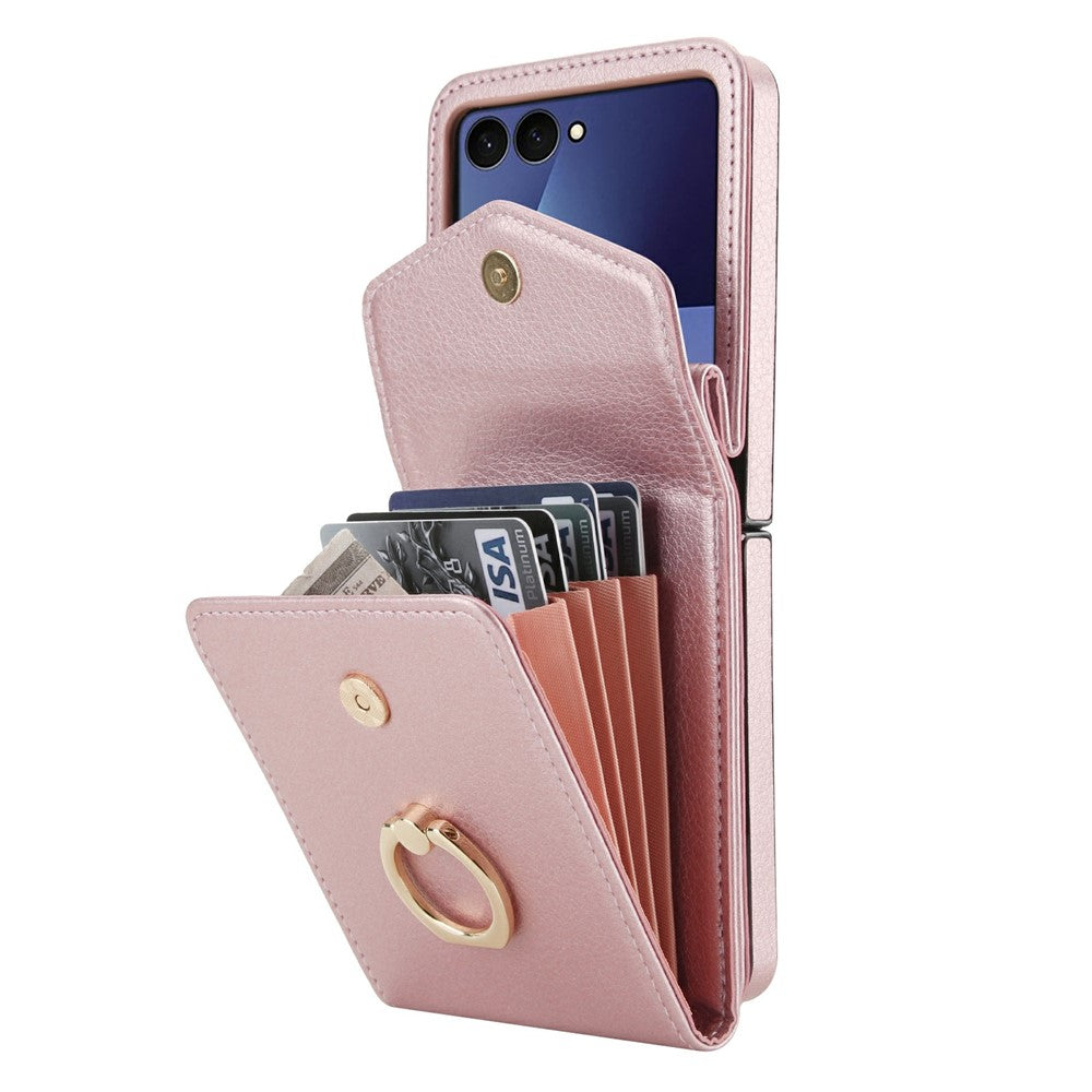 For Samsung Galaxy Z Flip7 5G Case Litchi Texture PU Leather + TPU Phone Cover with Shoulder Strap - Rose Gold