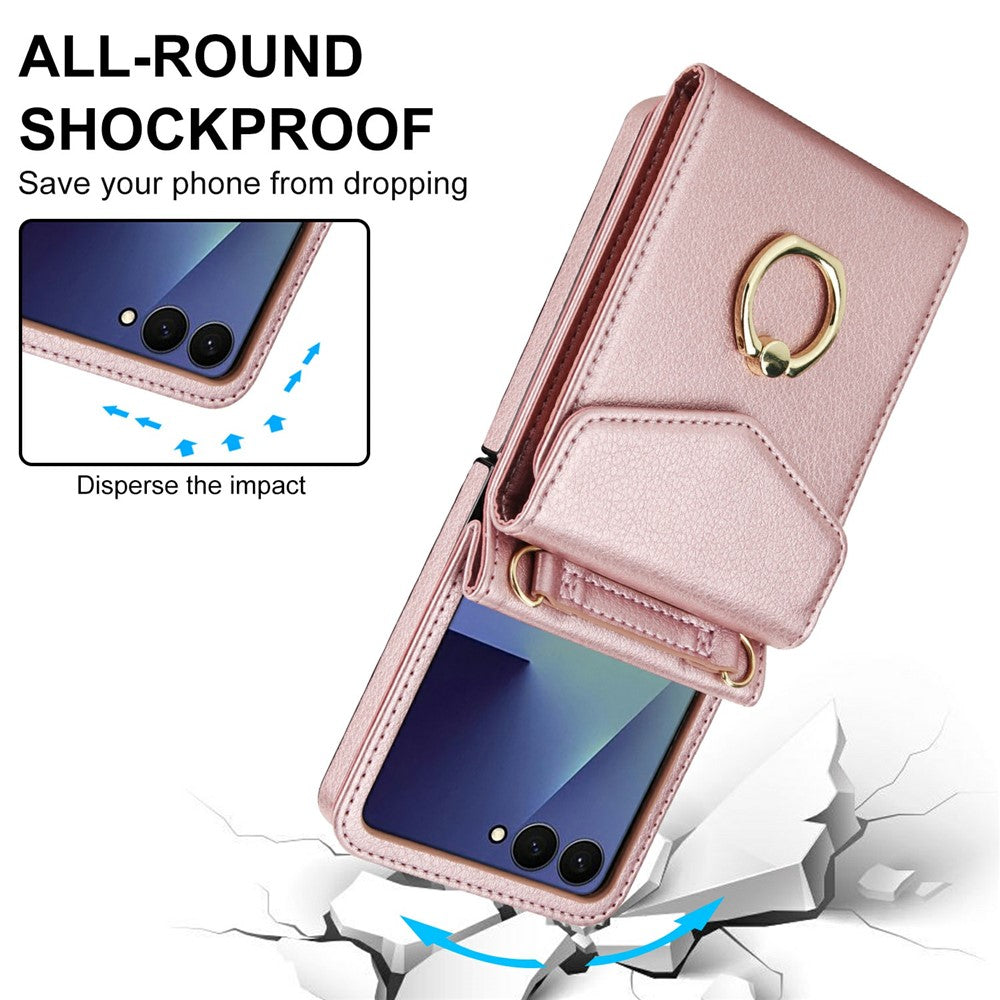 For Samsung Galaxy Z Flip7 5G Case Litchi Texture PU Leather + TPU Phone Cover with Shoulder Strap - Rose Gold