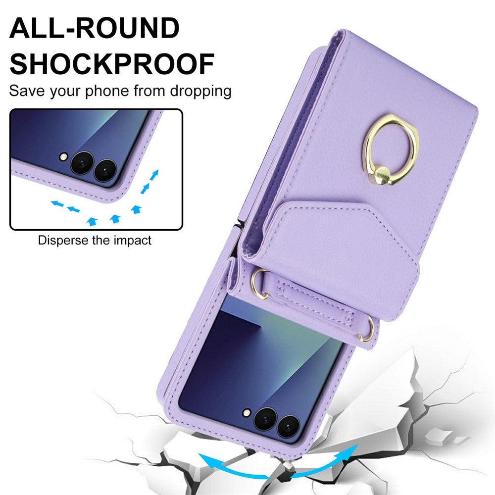 For Samsung Galaxy Z Flip7 5G Case Litchi Texture PU Leather + TPU Phone Cover with Shoulder Strap - Light Purple