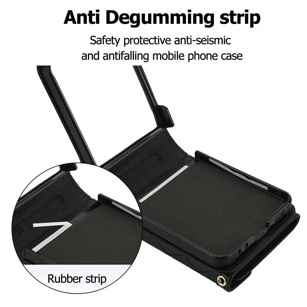 For Samsung Galaxy Z Flip7 5G Case Card Holders RFID Blocking PU Leather Phone Back Cover with Shoulder Strap - Black