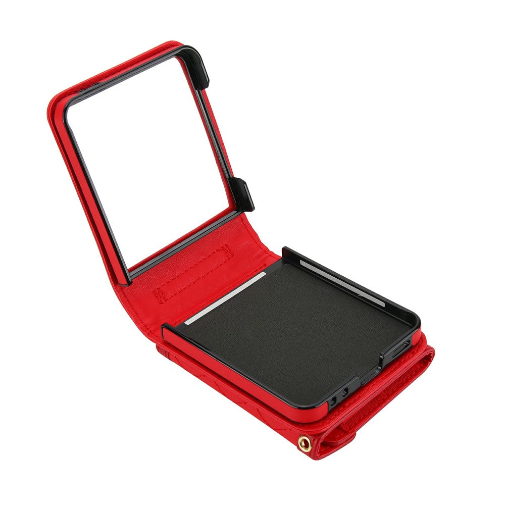 For Samsung Galaxy Z Flip7 5G Case Card Holders RFID Blocking PU Leather Phone Back Cover with Shoulder Strap - Red