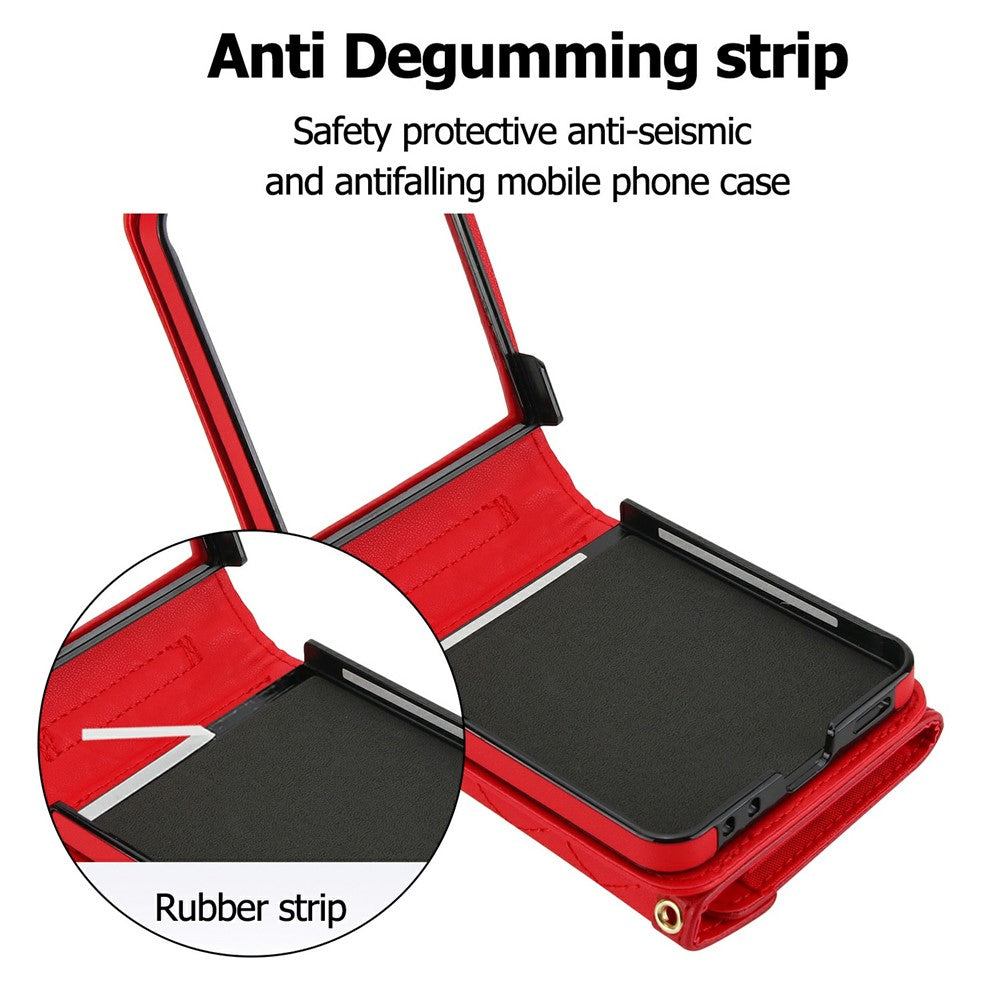 For Samsung Galaxy Z Flip7 5G Case Card Holders RFID Blocking PU Leather Phone Back Cover with Shoulder Strap - Red