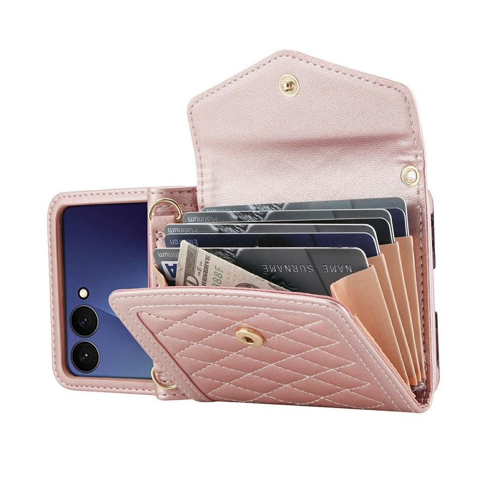 For Samsung Galaxy Z Flip7 5G Case Card Holders RFID Blocking PU Leather Phone Back Cover with Shoulder Strap - Rose Gold