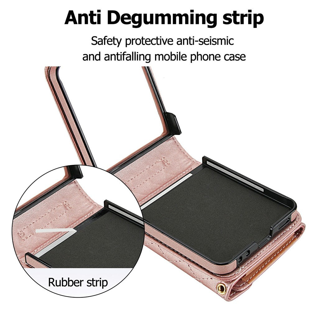 For Samsung Galaxy Z Flip7 5G Case Card Holders RFID Blocking PU Leather Phone Back Cover with Shoulder Strap - Rose Gold