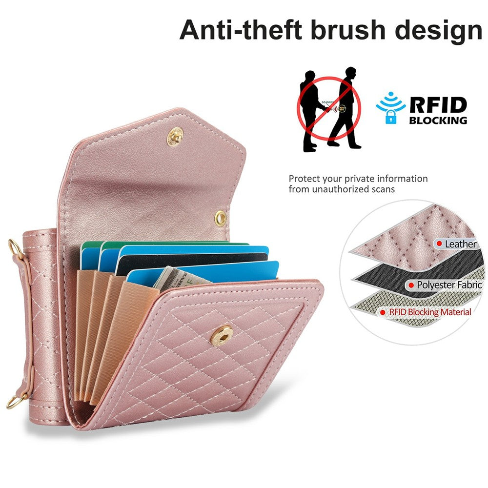 For Samsung Galaxy Z Flip7 5G Case Card Holders RFID Blocking PU Leather Phone Back Cover with Shoulder Strap - Rose Gold