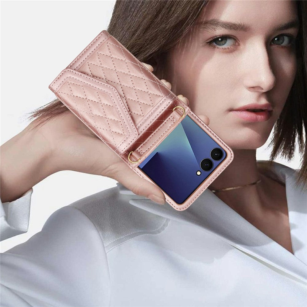 For Samsung Galaxy Z Flip7 5G Case Card Holders RFID Blocking PU Leather Phone Back Cover with Shoulder Strap - Rose Gold