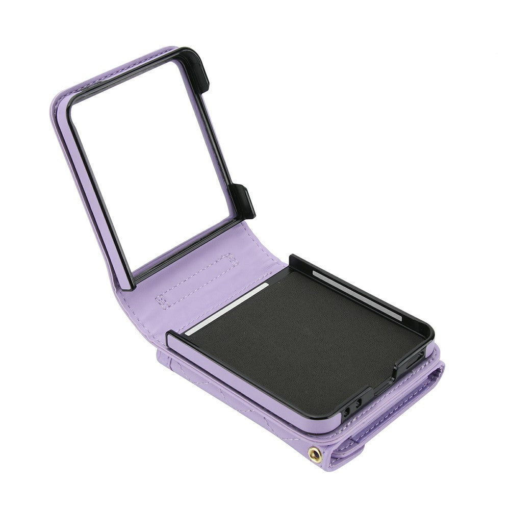 For Samsung Galaxy Z Flip7 5G Case Card Holders RFID Blocking PU Leather Phone Back Cover with Shoulder Strap - Purple