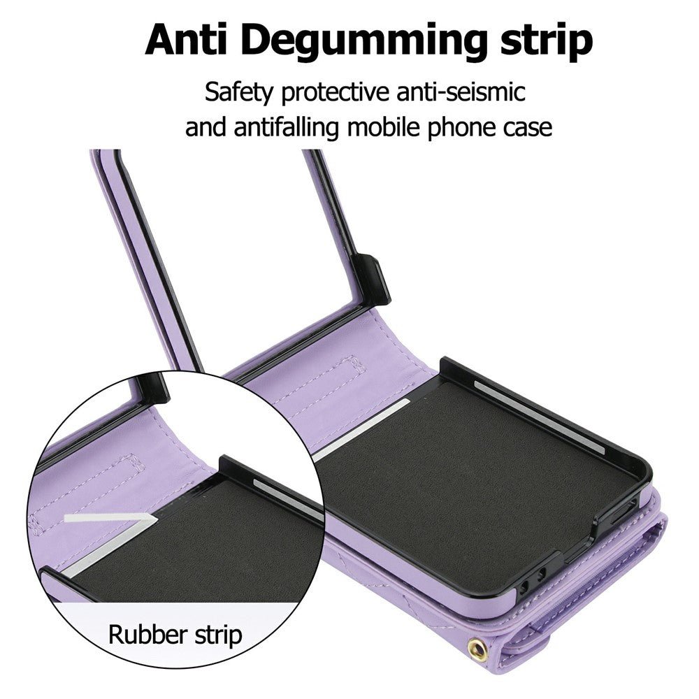 For Samsung Galaxy Z Flip7 5G Case Card Holders RFID Blocking PU Leather Phone Back Cover with Shoulder Strap - Purple