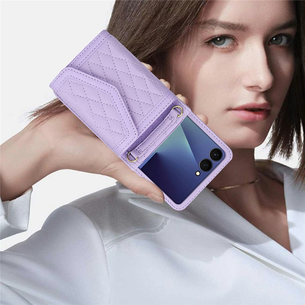 For Samsung Galaxy Z Flip7 5G Case Card Holders RFID Blocking PU Leather Phone Back Cover with Shoulder Strap - Purple