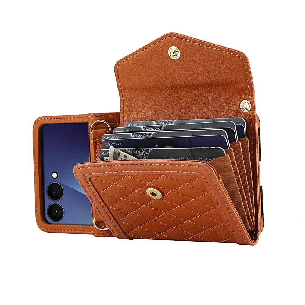 For Samsung Galaxy Z Flip7 5G Case Card Holders RFID Blocking PU Leather Phone Back Cover with Shoulder Strap - Brown