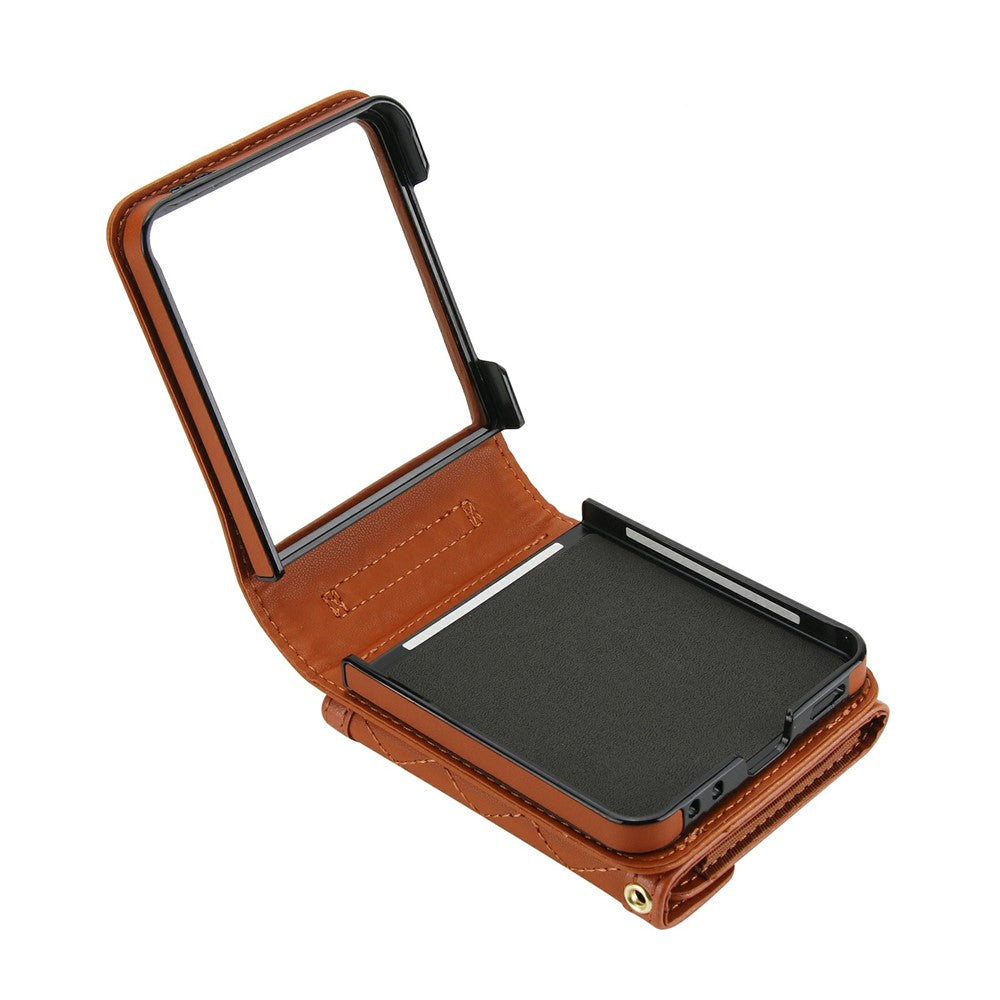 For Samsung Galaxy Z Flip7 5G Case Card Holders RFID Blocking PU Leather Phone Back Cover with Shoulder Strap - Brown