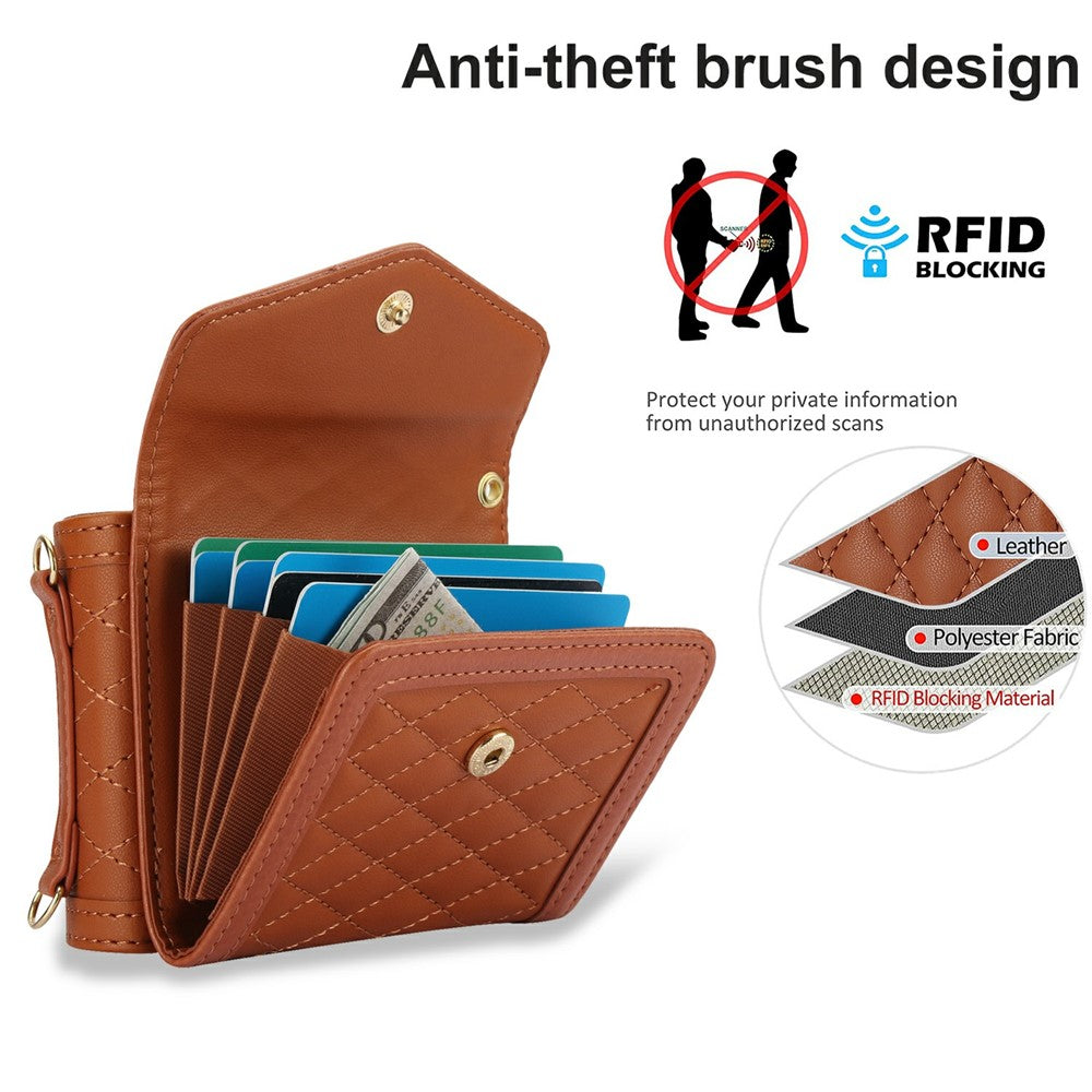For Samsung Galaxy Z Flip7 5G Case Card Holders RFID Blocking PU Leather Phone Back Cover with Shoulder Strap - Brown