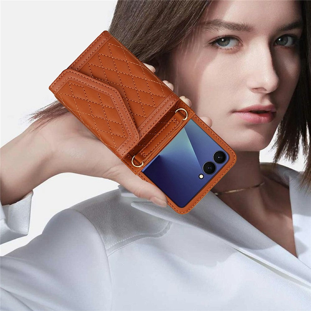 For Samsung Galaxy Z Flip7 5G Case Card Holders RFID Blocking PU Leather Phone Back Cover with Shoulder Strap - Brown