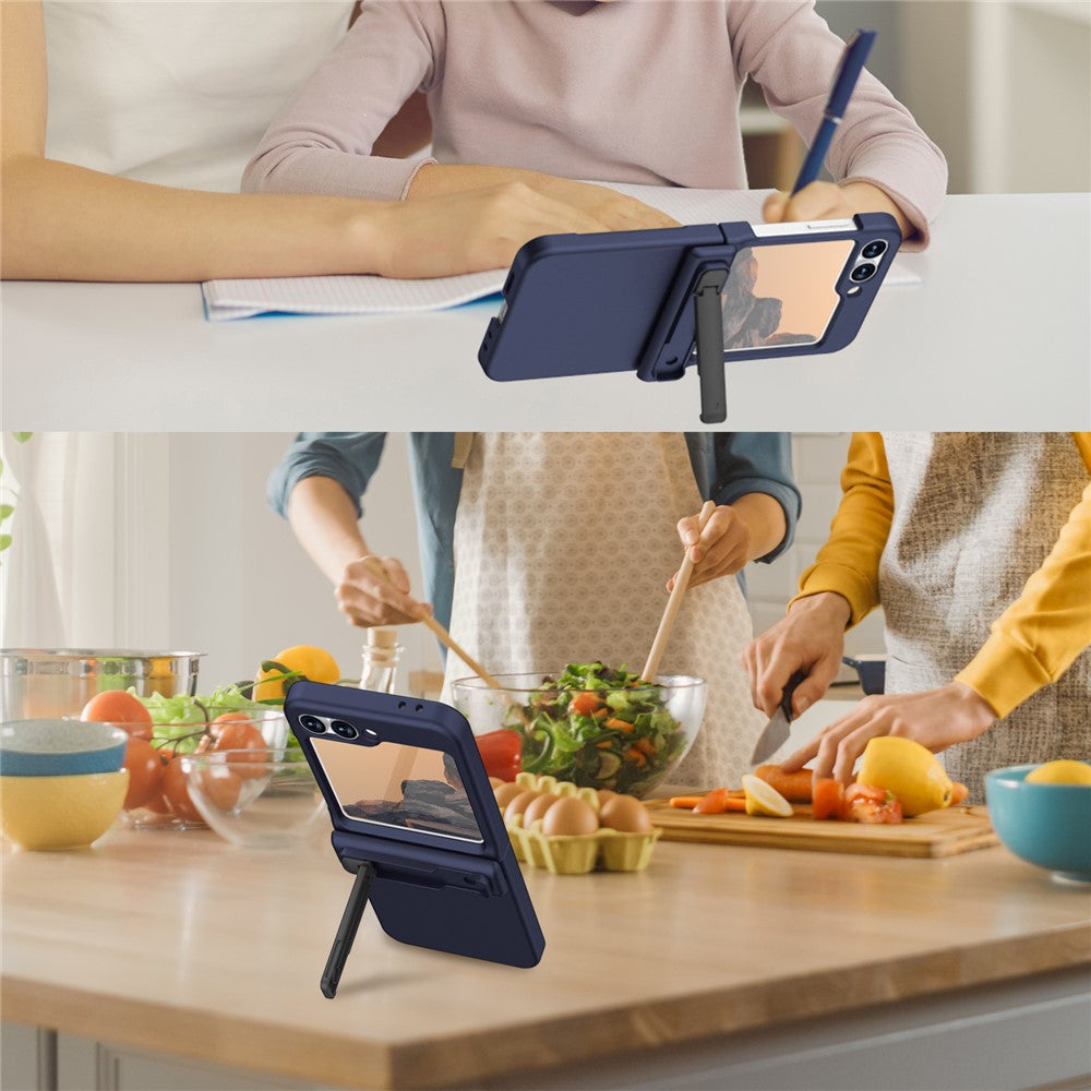 GW18 For Samsung Galaxy Z Flip7 FE 5G  /  Flip6 5G Case Rubberized Hard PC Kickstand Phone Cover - Dark Blue