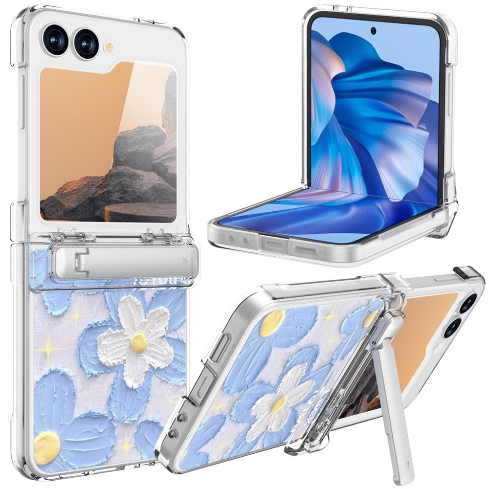 GW181 For Samsung Galaxy Z Flip7 FE 5G / Flip6 5G Case with Pattern Design Kickstand Hard PC Phone Cover - Blue Flower
