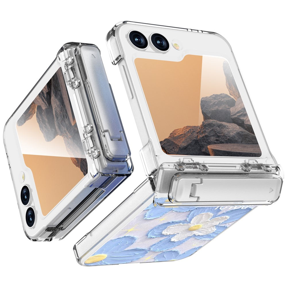 GW181 For Samsung Galaxy Z Flip7 FE 5G / Flip6 5G Case with Pattern Design Kickstand Hard PC Phone Cover - Blue Flower