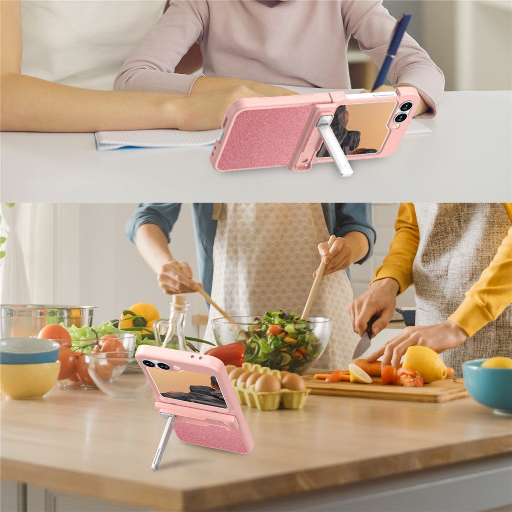 GW181 For Samsung Galaxy Z Flip7 FE 5G  /  Flip6 5G Case with Pattern Design Kickstand Hard PC Phone Cover - Rose Gold